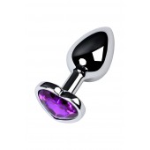 Серебристая коническая анальная пробка с фиолетовым кристаллом-сердечком - 7 см. - ToyFa - купить с доставкой в Чебоксарах