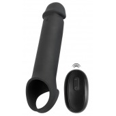 Черная вибронасадка для пениса с хомутом для мошонки и пультом ДУ Remote Controlled Penis Extension - Orion - в Чебоксарах купить с доставкой