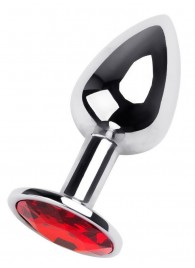 Маленькая коническая серебристая анальная пробка с красным кристаллом - 7 см. - ToyFa - купить с доставкой в Чебоксарах