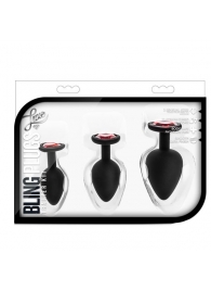 Набор черных анальных пробок с красным кристаллом-сердечком Bling Plugs Training Kit - Blush Novelties - купить с доставкой в Чебоксарах