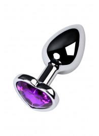 Серебристая коническая анальная пробка с фиолетовым кристаллом-сердечком - 7 см. - ToyFa - купить с доставкой в Чебоксарах