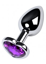 Серебристая коническая анальная пробка с фиолетовым кристаллом-сердечком - 7 см. - ToyFa - купить с доставкой в Чебоксарах