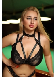 Черная кожаная сбруя с ошейником plus size из нежной кожи - БДСМ Арсенал - купить с доставкой в Чебоксарах