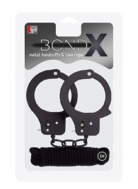 Чёрные наручники из листового металла в комплекте с веревкой BONDX METAL CUFFS LOVE ROPE SET - Dream Toys - купить с доставкой в Чебоксарах