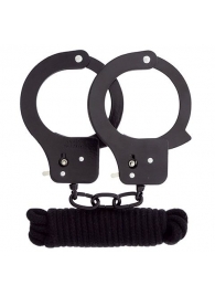 Чёрные наручники из листового металла в комплекте с веревкой BONDX METAL CUFFS LOVE ROPE SET - Dream Toys - купить с доставкой в Чебоксарах