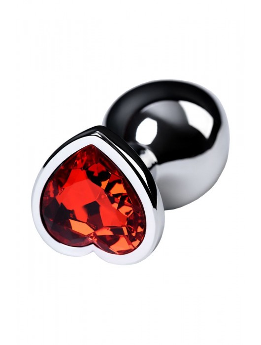 Серебристая коническая анальная пробка с красным кристаллом-сердечком - 7 см. - ToyFa - купить с доставкой в Чебоксарах