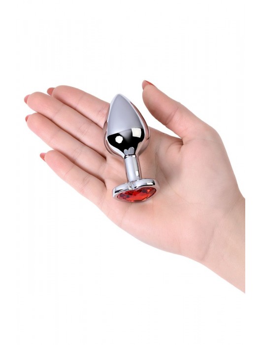 Серебристая коническая анальная пробка с красным кристаллом-сердечком - 7 см. - ToyFa - купить с доставкой в Чебоксарах