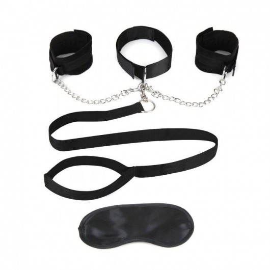 Чёрный ошейник с наручниками и поводком Collar Cuffs   Leash Set - Lux Fetish - купить с доставкой в Чебоксарах