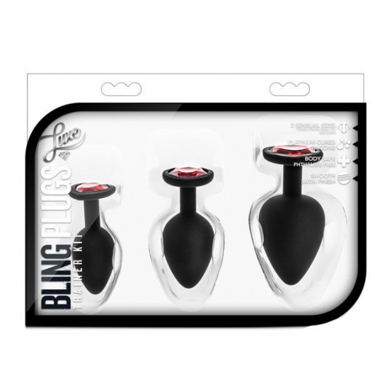 Набор черных анальных пробок с красным кристаллом-сердечком Bling Plugs Training Kit - Blush Novelties - купить с доставкой в Чебоксарах