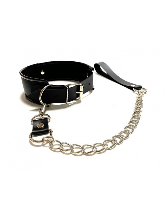 Черный ошейник с поводком из эко-кожи - БДСМ Арсенал - купить с доставкой в Чебоксарах
