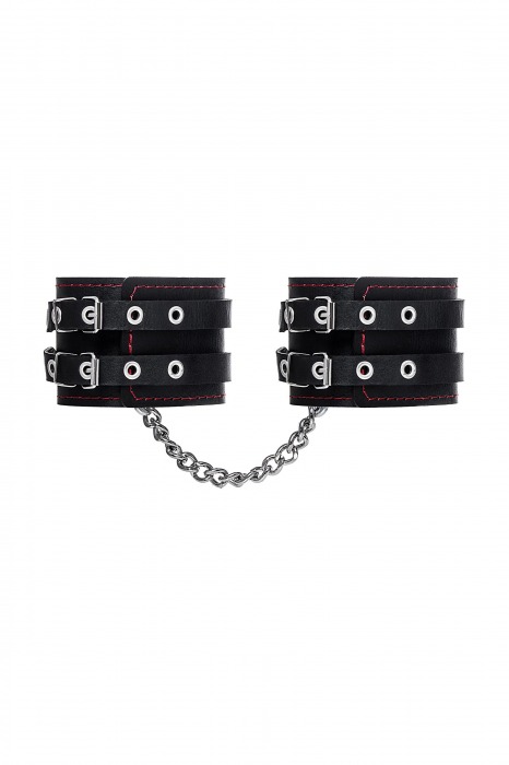Черные кожаные оковы с двумя ремнями и контрастной строчкой - Pecado - купить с доставкой в Чебоксарах