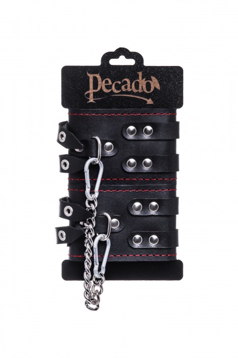 Черные кожаные оковы с двумя ремнями и контрастной строчкой - Pecado - купить с доставкой в Чебоксарах