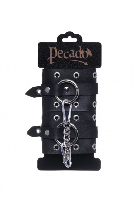 Черные кожаные однослойные наручники с люверсами - Pecado - купить с доставкой в Чебоксарах