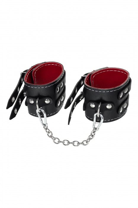 Черные кожаные оковы с двумя ремнями и красной подкладкой - Pecado - купить с доставкой в Чебоксарах