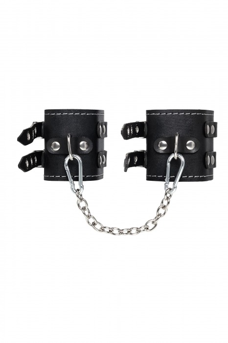 Черные кожаные оковы с двумя ремнями и красной подкладкой - Pecado - купить с доставкой в Чебоксарах