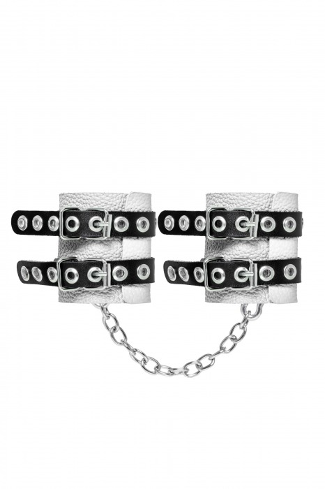 Бело-черные наручники с двумя ремешками и люверсами - Pecado - купить с доставкой в Чебоксарах