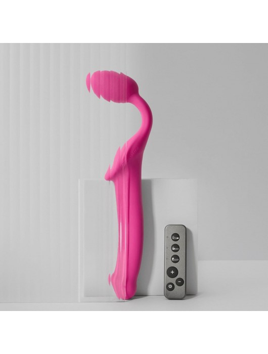 Ярко-розовый безремневой страпон Strap-on-me Vibrating Bendable Strap-On size L - Strap-on-me - купить с доставкой в Чебоксарах