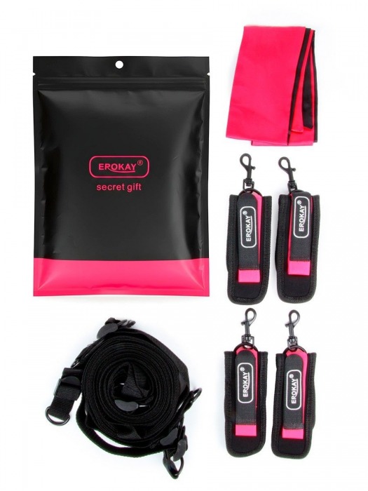 Черно-розовый эротический набор: фиксатор, оковы, наручники, повязка - Erokay - купить с доставкой в Чебоксарах