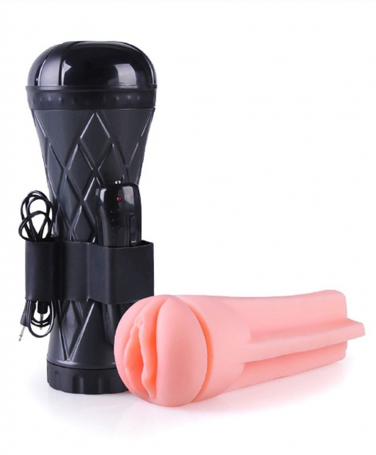Телесный мастурбатор-вагина в черной колбе с вибрацией - Boys of Toys - в Чебоксарах купить с доставкой