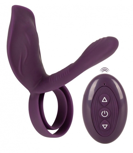Фиолетовая насадка на член с клиторальным отростком и пультом ДУ RC Couple’s Vibrator 2 - Orion - в Чебоксарах купить с доставкой